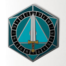 Load image into Gallery viewer, D20 Sword Spinner Pin - Hard Enamel Adventure Dice Pin Metal by Norse Foundry