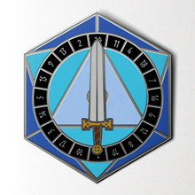 Load image into Gallery viewer, D20 Sword Spinner Pin - Hard Enamel Adventure Dice Pin Metal by Norse Foundry