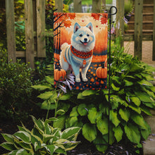 Load image into Gallery viewer, American Eskimo Fall Garden Flag – Dog Surrounded by Pumpkins &amp; Autumn Leaves