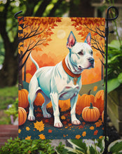Load image into Gallery viewer, White Pit Bull Terrier Fall Garden Flag – Dog Surrounded by Pumpkins &amp; Autumn Leaves