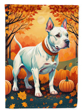 Load image into Gallery viewer, White Pit Bull Terrier Fall Garden Flag – Dog Surrounded by Pumpkins &amp; Autumn Leaves