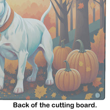 Load image into Gallery viewer, White Pit Bull Terrier Fall Glass Cutting Boards – Durable, Decorative Kitchen Art Large