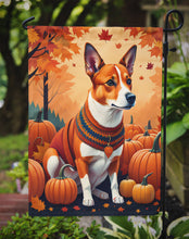 Load image into Gallery viewer, Red Basenji Fall Garden Flag – Dog Surrounded by Pumpkins &amp; Autumn Leaves