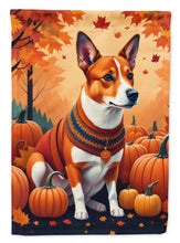 Load image into Gallery viewer, Red Basenji Fall Garden Flag – Dog Surrounded by Pumpkins &amp; Autumn Leaves
