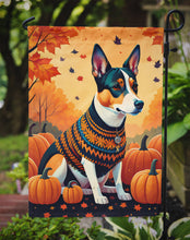Load image into Gallery viewer, Basenji Fall Garden Flag – Dog Surrounded by Pumpkins &amp; Autumn Leaves
