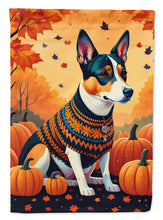 Load image into Gallery viewer, Basenji Fall Garden Flag – Dog Surrounded by Pumpkins &amp; Autumn Leaves