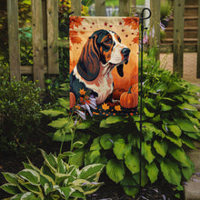 Load image into Gallery viewer, Basset Hound Fall Garden Flag – Dog Surrounded by Pumpkins &amp; Autumn Leaves