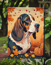 Load image into Gallery viewer, Basset Hound Fall Garden Flag – Dog Surrounded by Pumpkins &amp; Autumn Leaves