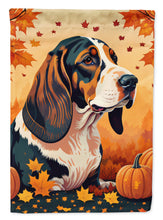 Load image into Gallery viewer, Basset Hound Fall Garden Flag – Dog Surrounded by Pumpkins &amp; Autumn Leaves