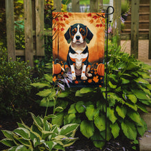 Load image into Gallery viewer, Beagle Fall Garden Flag – Dog Surrounded by Pumpkins &amp; Autumn Leaves