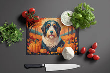 Load image into Gallery viewer, Bearded Collie Fall Glass Cutting Boards – Durable, Decorative Kitchen Art Large