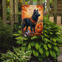 Load image into Gallery viewer, Belgian Sheepdog Fall Garden Flag – Dog Surrounded by Pumpkins &amp; Autumn Leaves