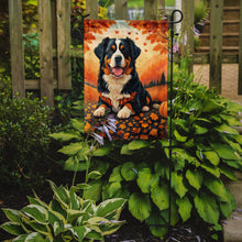 Load image into Gallery viewer, Bernese Mountain Dog Fall Garden Flag – Dog Surrounded by Pumpkins &amp; Autumn Leaves