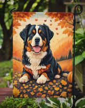 Load image into Gallery viewer, Bernese Mountain Dog Fall Garden Flag – Dog Surrounded by Pumpkins &amp; Autumn Leaves