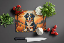 Load image into Gallery viewer, Bernese Mountain Dog Fall Glass Cutting Boards – Durable, Decorative Kitchen Art Large