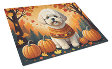 Load image into Gallery viewer, Bichon Frise Fall Glass Cutting Boards – Durable, Decorative Kitchen Art Large