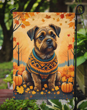 Load image into Gallery viewer, Border Terrier Fall Garden Flag – Dog Surrounded by Pumpkins &amp; Autumn Leaves