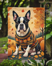 Load image into Gallery viewer, Boston Terrier Fall Garden Flag – Dog Surrounded by Pumpkins &amp; Autumn Leaves