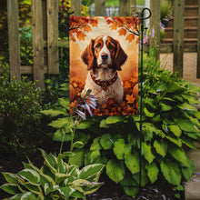 Load image into Gallery viewer, Brittany Spaniel Fall Garden Flag – Dog Surrounded by Pumpkins &amp; Autumn Leaves
