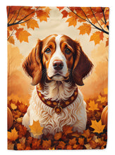 Load image into Gallery viewer, Brittany Spaniel Fall Garden Flag – Dog Surrounded by Pumpkins &amp; Autumn Leaves