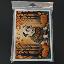 Load image into Gallery viewer, White English Bulldog Fall Greeting Cards -  Blank Note Cards – 8-Pack of Artist-Designed Cards with Envelopes
