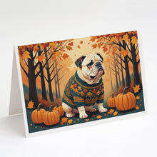 Load image into Gallery viewer, White English Bulldog Fall Greeting Cards -  Blank Note Cards – 8-Pack of Artist-Designed Cards with Envelopes
