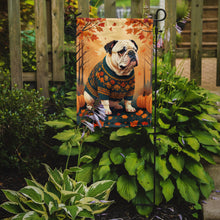 Load image into Gallery viewer, White English Bulldog Fall Garden Flag – Dog Surrounded by Pumpkins &amp; Autumn Leaves