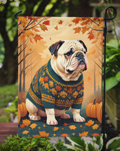 Load image into Gallery viewer, White English Bulldog Fall Garden Flag – Dog Surrounded by Pumpkins &amp; Autumn Leaves