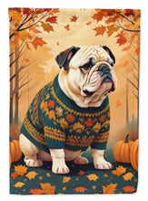Load image into Gallery viewer, White English Bulldog Fall Garden Flag – Dog Surrounded by Pumpkins &amp; Autumn Leaves