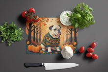 Load image into Gallery viewer, White English Bulldog Fall Glass Cutting Boards – Durable, Decorative Kitchen Art Large