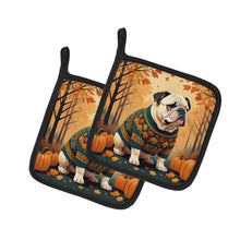 Load image into Gallery viewer, White English Bulldog Fall Pot Holders - Set of 2 Decorative Kitchen Helpers | Made in the USA