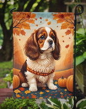 Load image into Gallery viewer, Cavalier Spaniel Fall Garden Flag – Dog Surrounded by Pumpkins &amp; Autumn Leaves