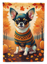 Load image into Gallery viewer, Tricolor Chihuahua Fall Garden Flag – Dog Surrounded by Pumpkins &amp; Autumn Leaves
