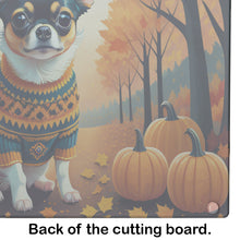 Load image into Gallery viewer, Tricolor Chihuahua Fall Glass Cutting Boards – Durable, Decorative Kitchen Art Large