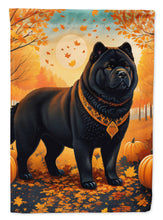 Load image into Gallery viewer, Black Chow Chow Fall Garden Flag – Dog Surrounded by Pumpkins &amp; Autumn Leaves