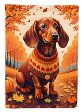Load image into Gallery viewer, Dachshund Fall Garden Flag – Dog Surrounded by Pumpkins &amp; Autumn Leaves