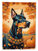 Load image into Gallery viewer, Doberman Pinscher Fall Garden Flag – Dog Surrounded by Pumpkins &amp; Autumn Leaves
