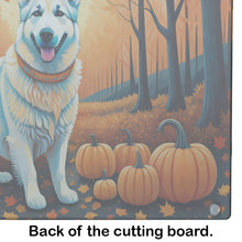 Load image into Gallery viewer, White German Shepherd Fall Glass Cutting Boards – Durable, Decorative Kitchen Art Large