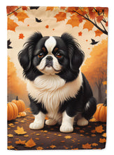 Load image into Gallery viewer, Japanese Chin Fall Garden Flag – Dog Surrounded by Pumpkins &amp; Autumn Leaves