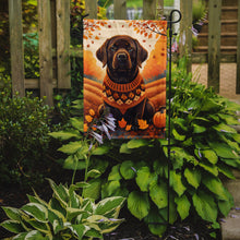 Load image into Gallery viewer, Chocolate Labrador Retriever Fall Garden Flag – Dog Surrounded by Pumpkins &amp; Autumn Leaves