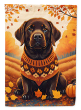 Load image into Gallery viewer, Chocolate Labrador Retriever Fall Garden Flag – Dog Surrounded by Pumpkins &amp; Autumn Leaves