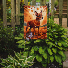 Load image into Gallery viewer, Red Miniature Pinscher Fall Garden Flag – Dog Surrounded by Pumpkins &amp; Autumn Leaves