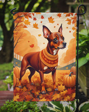 Load image into Gallery viewer, Red Miniature Pinscher Fall Garden Flag – Dog Surrounded by Pumpkins &amp; Autumn Leaves