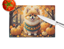 Load image into Gallery viewer, Pomeranian Fall Glass Cutting Boards – Durable, Decorative Kitchen Art Large