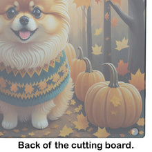 Load image into Gallery viewer, Pomeranian Fall Glass Cutting Boards – Durable, Decorative Kitchen Art Large