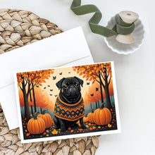 Load image into Gallery viewer, Black Pug Fall Greeting Cards -  Blank Note Cards – 8-Pack of Artist-Designed Cards with Envelopes