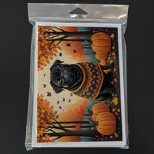 Load image into Gallery viewer, Black Pug Fall Greeting Cards -  Blank Note Cards – 8-Pack of Artist-Designed Cards with Envelopes