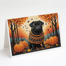 Load image into Gallery viewer, Black Pug Fall Greeting Cards -  Blank Note Cards – 8-Pack of Artist-Designed Cards with Envelopes