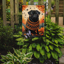 Load image into Gallery viewer, Black Pug Fall Garden Flag – Dog Surrounded by Pumpkins &amp; Autumn Leaves