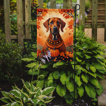 Load image into Gallery viewer, Rhodesian Ridgeback Fall Garden Flag – Dog Surrounded by Pumpkins &amp; Autumn Leaves
